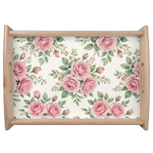 Vintage Pink Watercolor Roses Floral Seamless Serving Tray