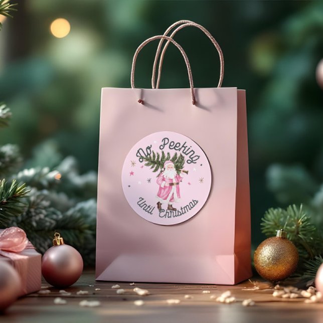 Vintage Pink Watercolor Santa Claus No Peeking Classic Round Sticker (Vintage Pink Watercolor Santa Claus No Peeking Classic Round Sticker)