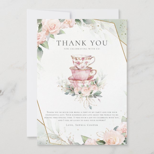 Vintage Pink Watercolor Tea Party 1st Birthday Thank You Card (Front)