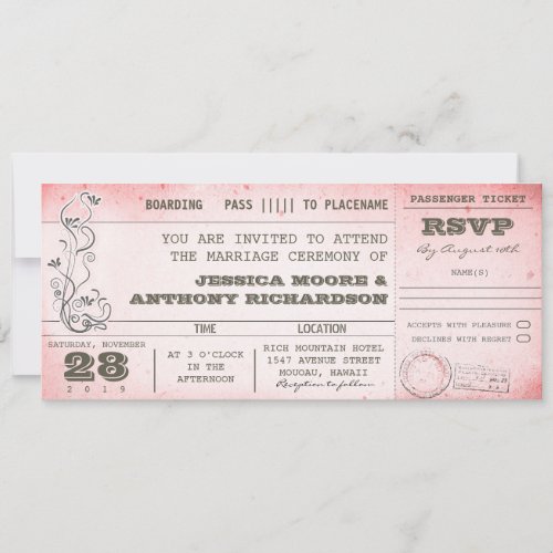 vintage pink wedding boarding pass invitations