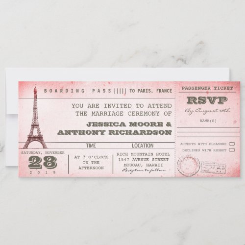vintage pink wedding boarding pass to Paris Invitation