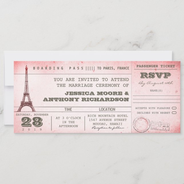 vintage pink wedding boarding pass to Paris Invitation (Front)
