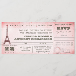 vintage pink wedding boarding pass to Paris Invitation