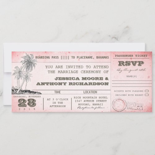 vintage pink wedding boarding pass with palms invitation