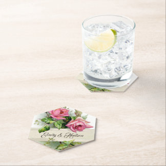 Vintage Pink Wedding Roses Paper Coaster
