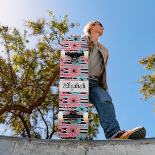 Vintage Pink Whimsical Floral Custom Name Skateboard