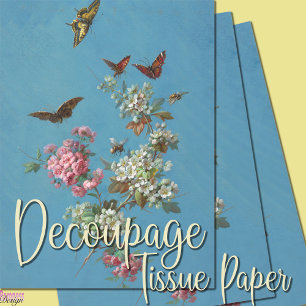 Vintage pink white blossom butterfly bee on blue tissue paper