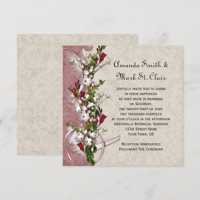Vintage Pink White Flowers Ribbon Feathers Wedding Invitation (Front/Back)
