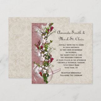 Vintage Pink White Flowers Ribbon Feathers Wedding Invitation