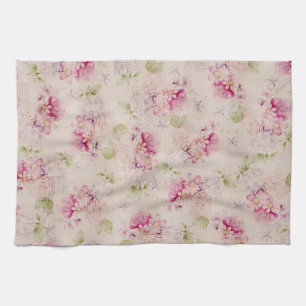 Vintage pink white green roses flowers pattern kitchen towel
