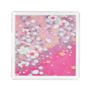 Vintage Pink White Japanese Kimono Floral Flower Acrylic Tray