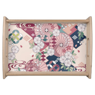 Vintage Pink White Japanese Kimono Floral Flower Serving Tray