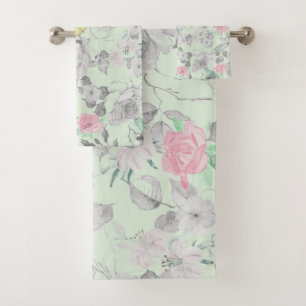 Vintage Pink White Mint Bird Floral Collage Bath Towel Set