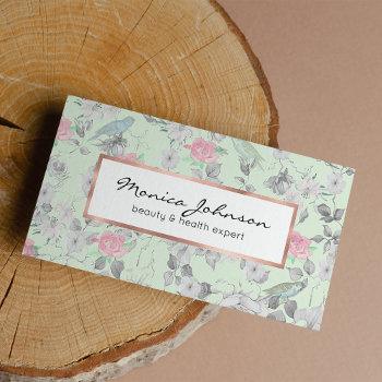 Vintage Pink White Mint Bird Floral Collage Business Card by kicksdesign at Zazzle