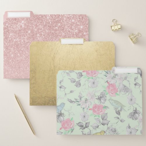 Vintage Pink White Mint Bird Floral Collage File Folder