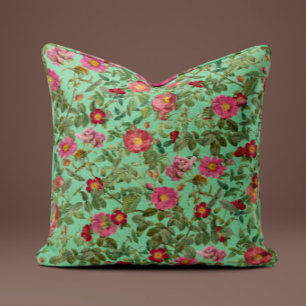 Vintage Pink Wild Rose Pillow in Aqua Mint