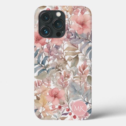 Vintage Pink Wildflower Floral Watercolor Monogram iPhone 13 Pro Case