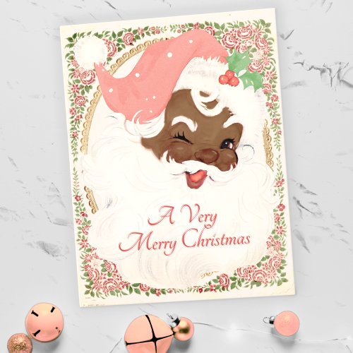 Vintage Pink Winking Black Santa Claus Christmas Holiday Postcard