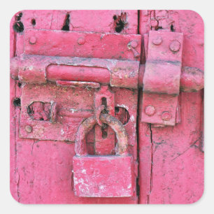 Vintage pink wood door and lock cute rustic square sticker