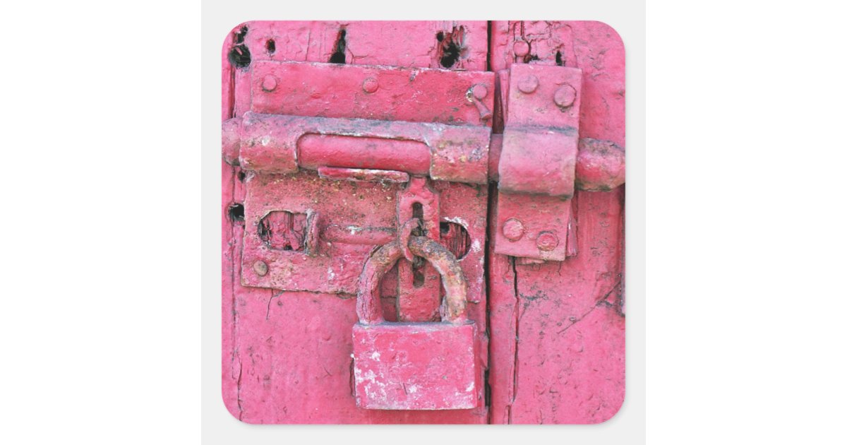 Vintage pink wood door and lock cute rustic square sticker | Zazzle