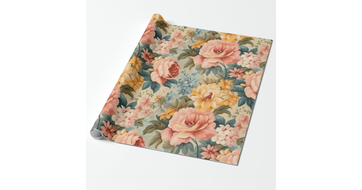 Vintage Pink Yellow Blue Floral Wrapping Paper