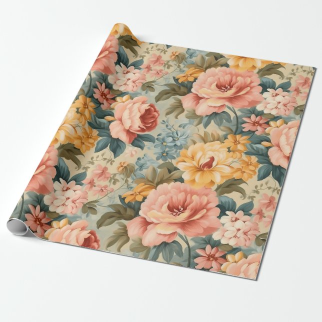 Vintage Pink Yellow Blue Floral Wrapping Paper (Unrolled)