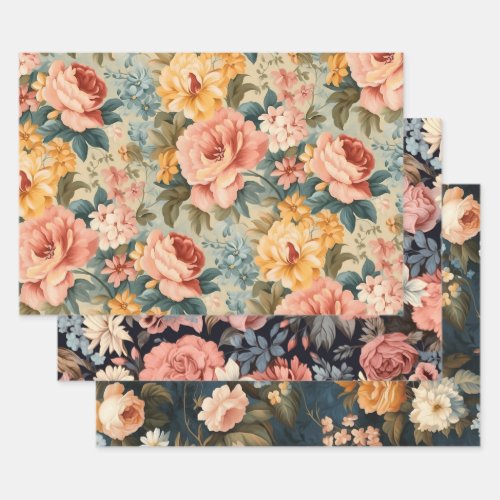 Vintage Pink Yellow Blue Floral Wrapping Paper Sheets