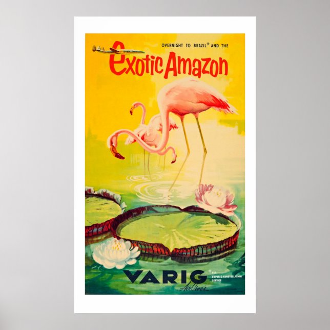 Vintage Pink & Yellow Flamingo Travel Poster (Front)
