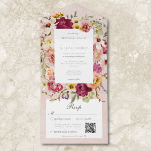 Vintage Pink Yellow Floral Pink Wedding QR All In One Invitation