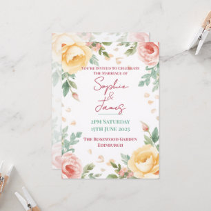 Vintage Pink Yellow Garden Rose Wedding Invitation