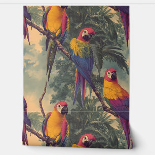 Vintage Pink Yellow Jungle Parrot Wallpaper