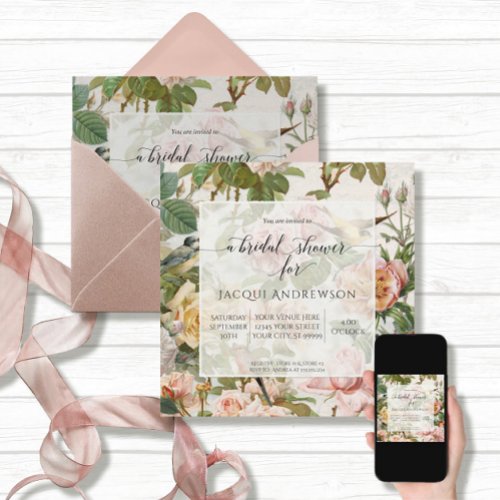 Vintage Pink Yellow Rose Floral Foliage and Birds Invitation