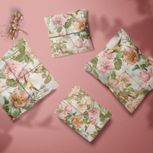 Vintage Pink Yellow Roses Botanical Birds Vertical Tissue Paper