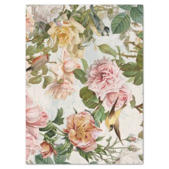 Vintage Pink Yellow Roses Botanical Birds White Tissue Paper | Zazzle