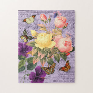 Vintage Pink & Yellow Roses & Butterflies, Vs 2 Jigsaw Puzzle