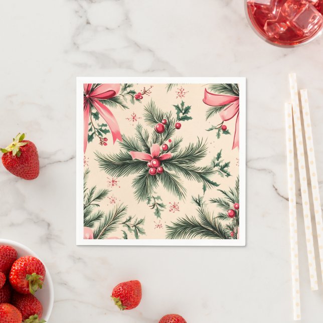Vintage Pinkmas Branches Bows & Berries Decoupage Napkins (Insitu)