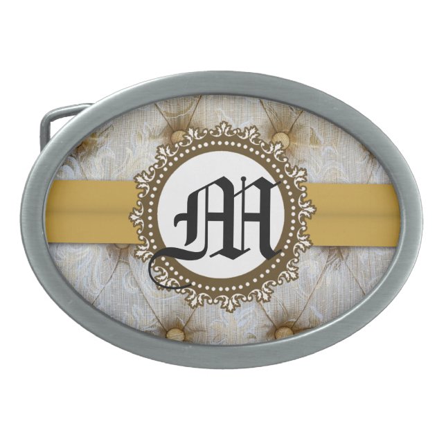 Vintage Pintuck Fabric Monogram Initia Belt Buckle (Front)
