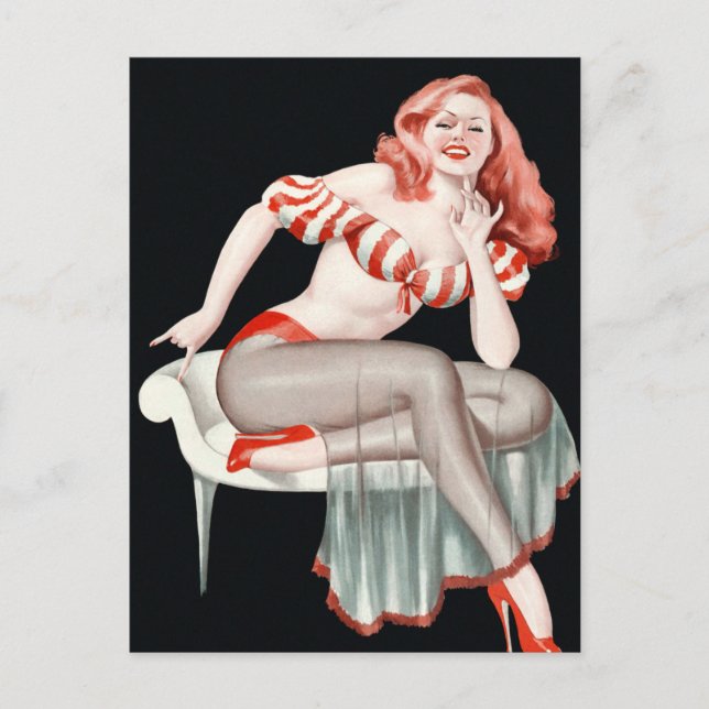 vintage pinup art redhead in red postcard (Front)