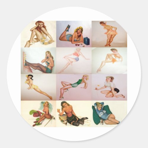 Vintage Pinup Collage _ 12 Gorgeous Girls In 1 Classic Round Sticker