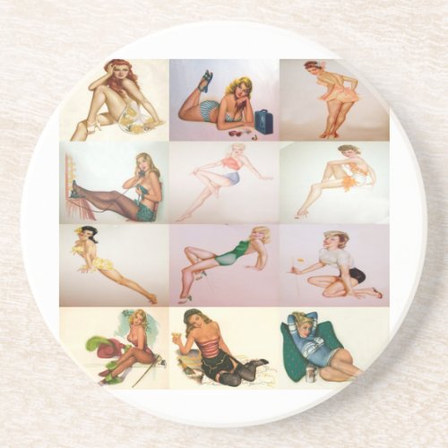 Vintage Pinup Collage _ 12 Gorgeous Girls In 1 Sandstone Coaster
