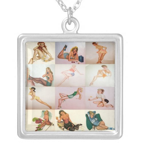 Vintage Pinup Collage _ 12 Gorgeous Girls In 1 Silver Plated Necklace