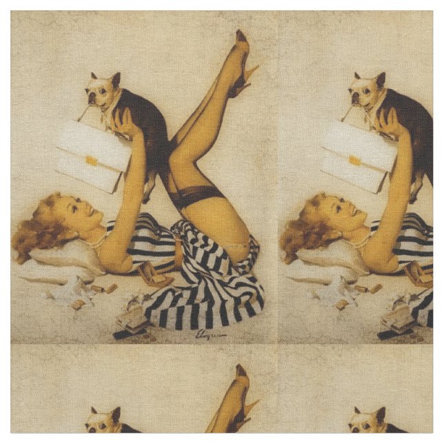 Vintage Pinup Gal and Canine Fabric (Close Up)