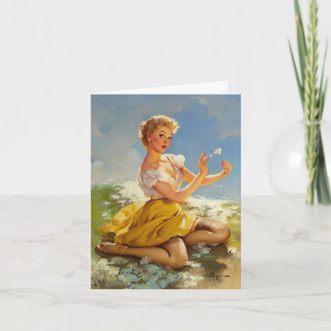 Vintage Pinup Gal Picking Daisies, Father's Day Card (Front)