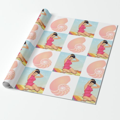 Vintage Pinup Girl and Sea Shell Beach Pattern Wrapping Paper