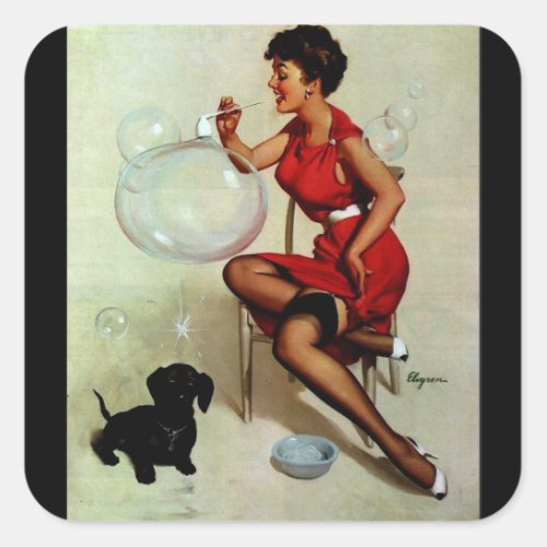 Vintage Pinup Girl Blowing Bubbles Square Sticker