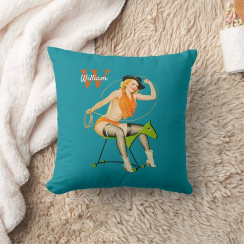 Vintage Pinup Girl _ Cowgirl Riding Wooden Horse Throw Pillow
