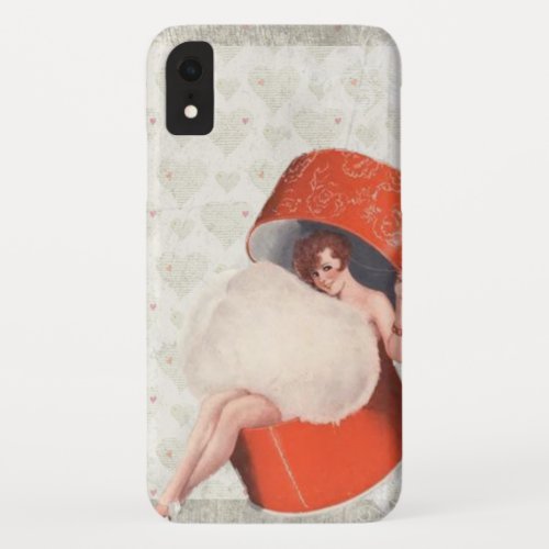 Vintage pinup girl in hatbox red heart silver cute iPhone XR case