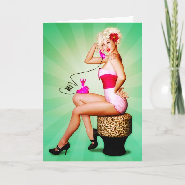 Vintage PinUp Girl On The Phone Greeting Card (Front)