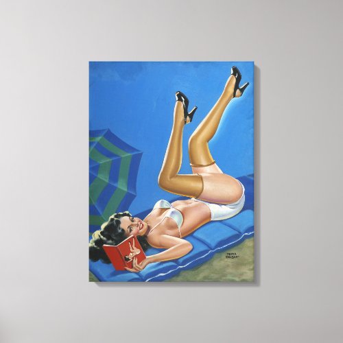 Vintage pinup girl reading book in the sun canvas print