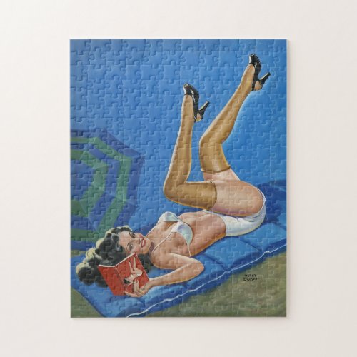 Vintage pinup girl reading book in the sun jigsaw puzzle